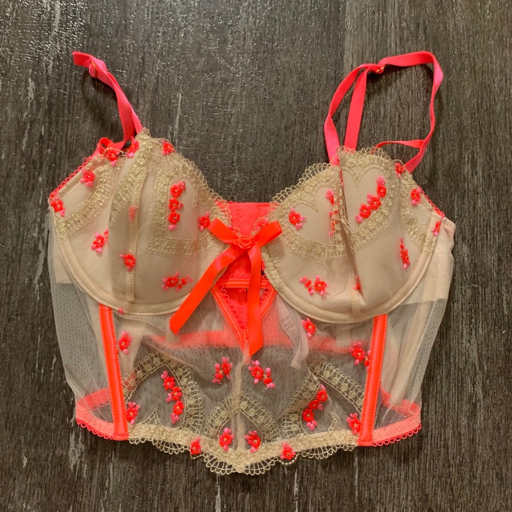 Victoria's Secret Dream Angels‎ Corset Bralette Floral Lace Neon Pink Bow 34C